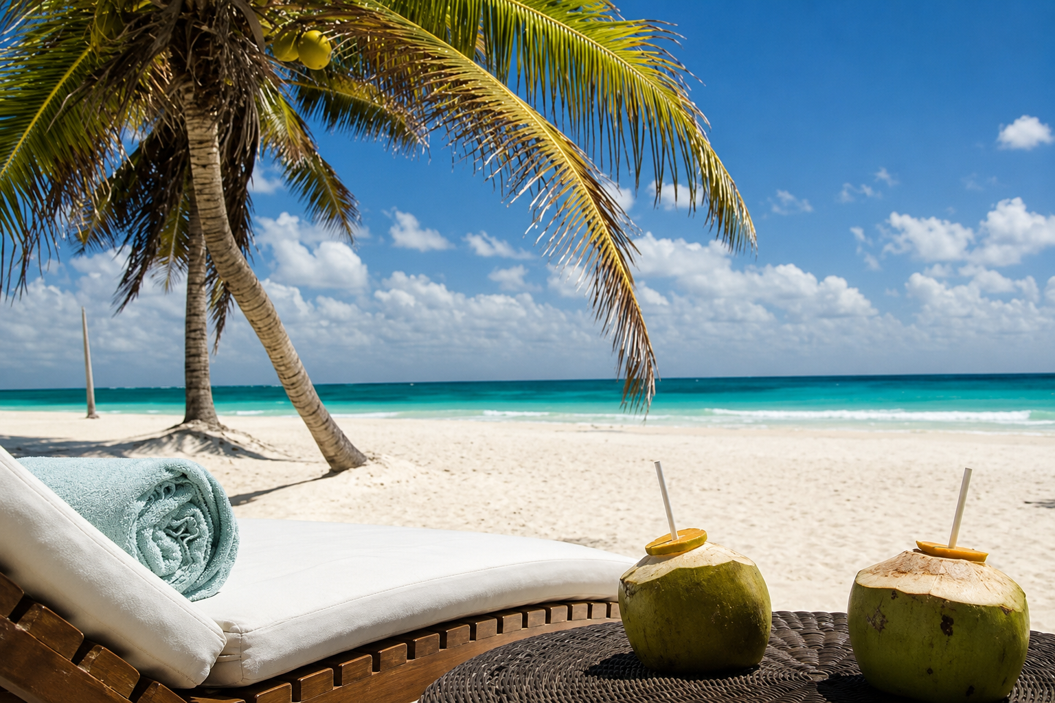 Coconut drinks beside a beach lounger overlooking the Caribbean Sea in Tulum